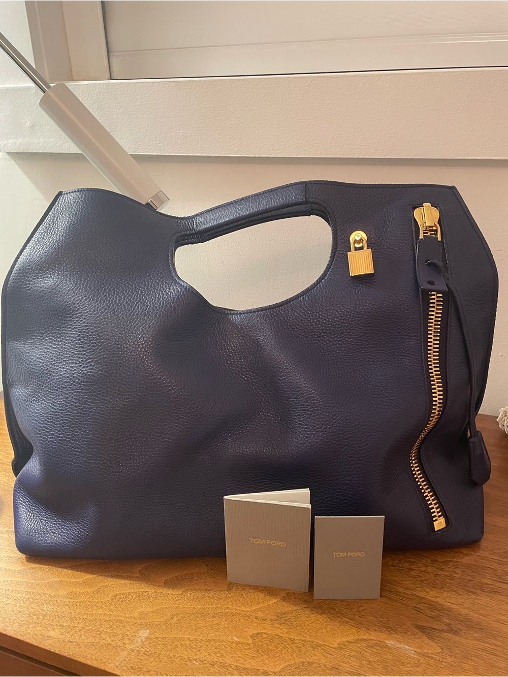 Tom Ford Navy Pebbled Leather Tote with Gold-Tone Zip and Padlock